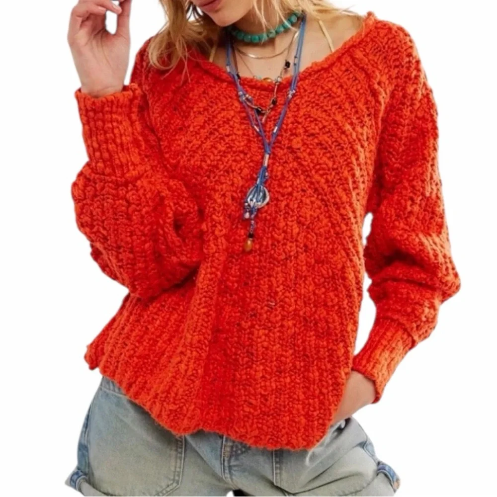 NEW FREE PEOPLE In a Swirl Pullover Sweater in Tangerine Size S